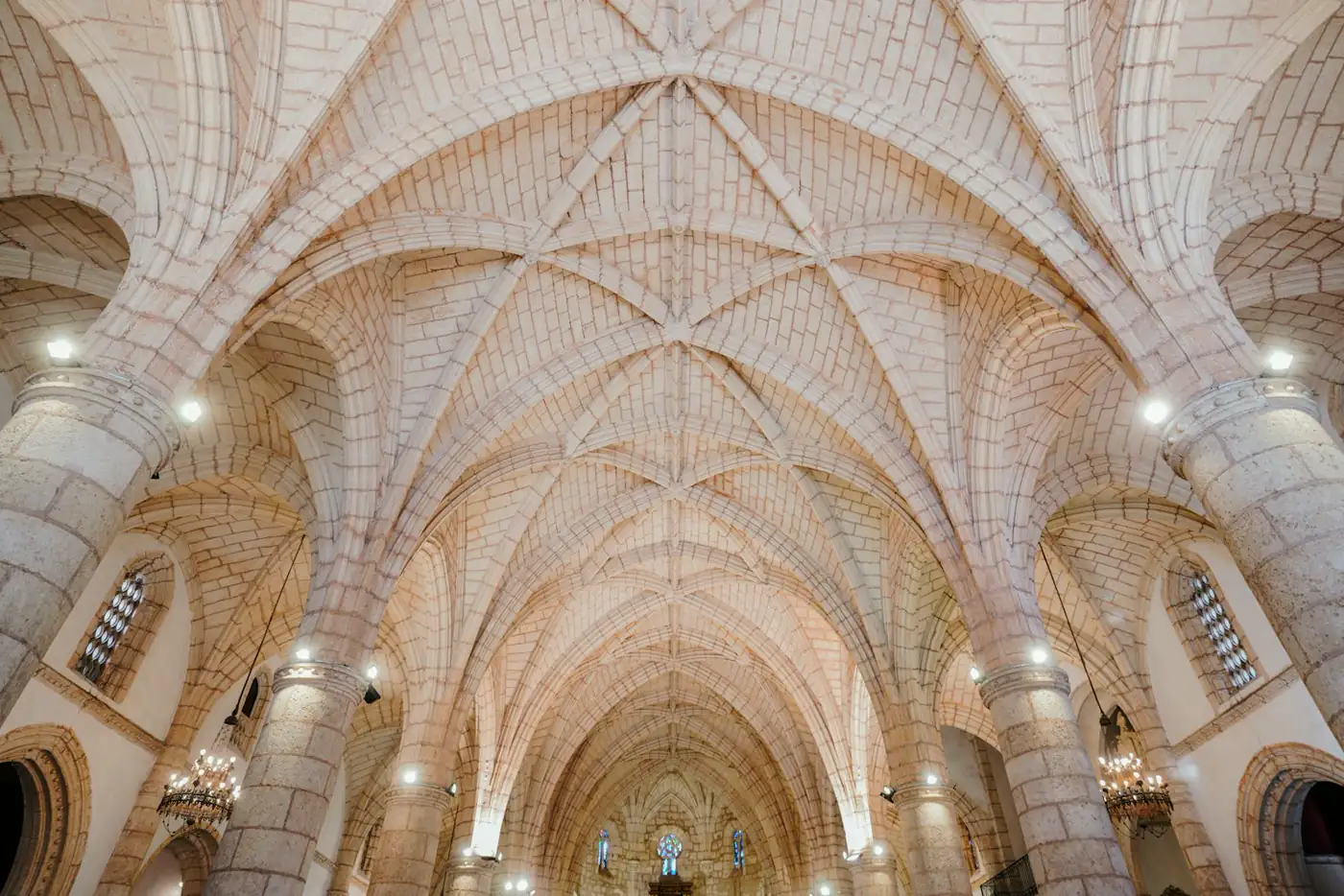 Stone arches inside the Catedral Primada de América in Santo Domingo